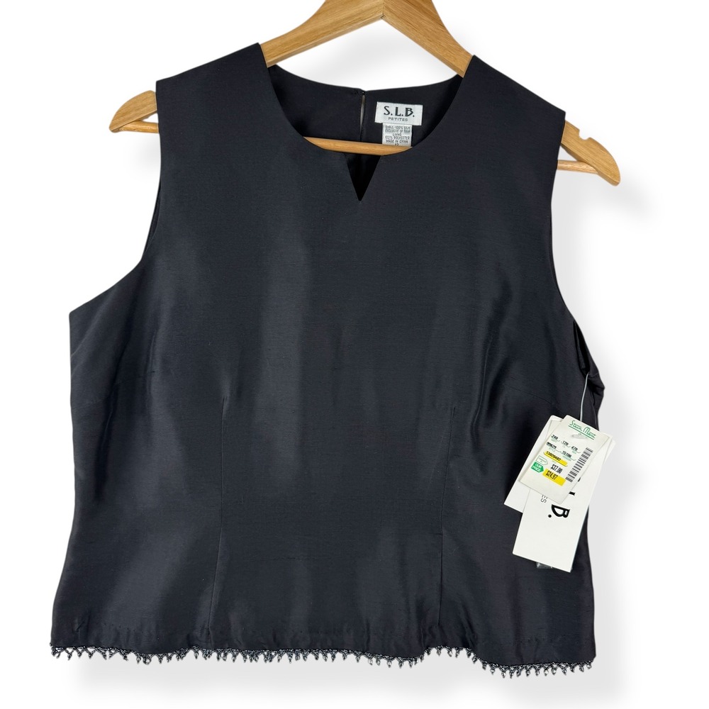 SLB Petites Silk Black Top Womens Size 12‎ Beaded Minimalist Glam Luxury NEW
